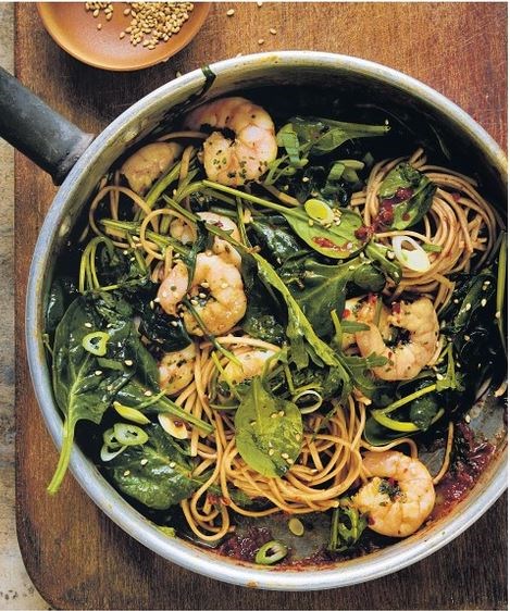 Ginger & chilli soba with salad greens, coriander and king prawns