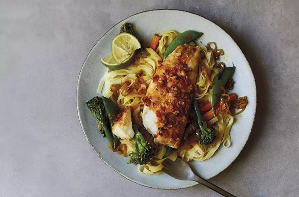 Ginger & soy-steamed hake with noodles