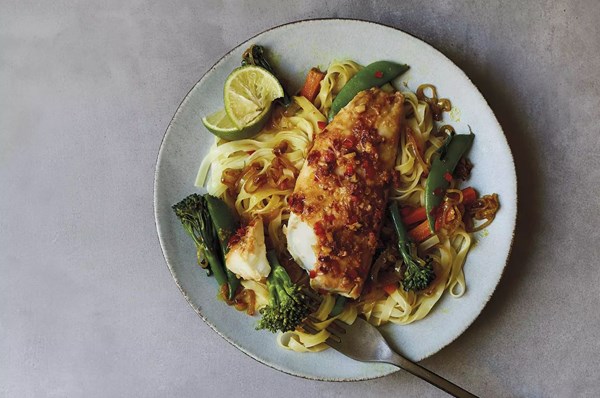 Ginger & soy-steamed hake with noodles