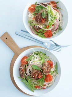 Ginger beef patties with lime noodle salad
