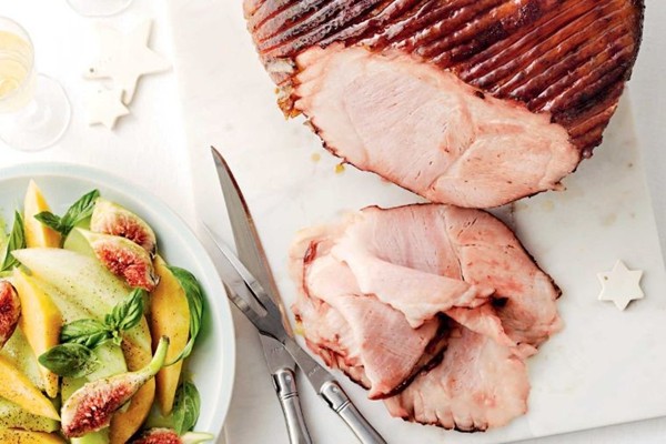 Ginger beer-glazed ham with fig & melon salad