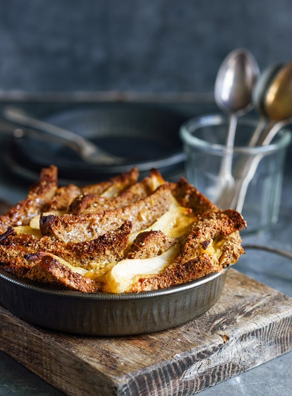 Ginger bread and butter pudding with poached pears