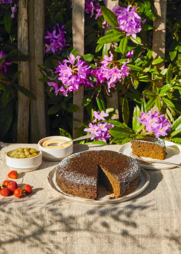 Ginger cake with gooseberries and lemon cream