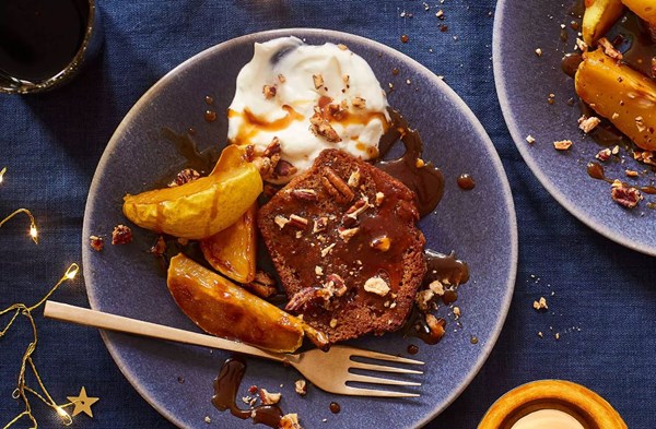 Ginger cake with maple-butter pears