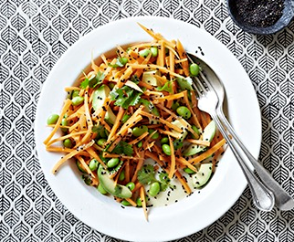 Ginger, citrus and black sesame carrots with edamame and avocado