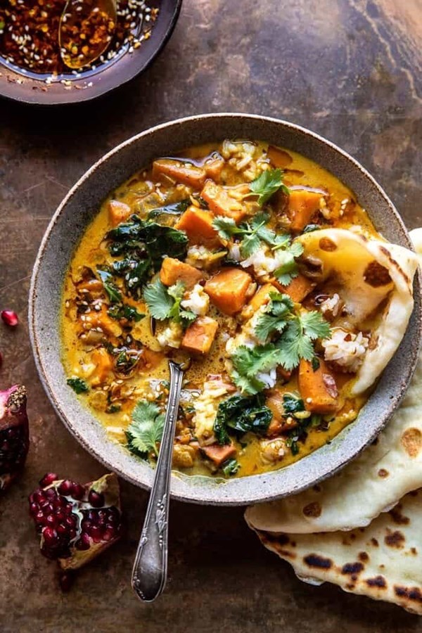 Ginger coconut sweet potato and rice stew with spiced chili oil