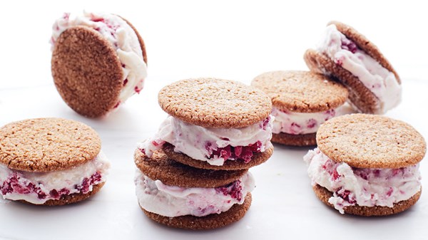 Ginger cookie and mashed raspberry ice cream sandwiches