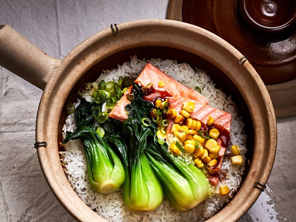 Ginger crispy rice with salmon and bok choy