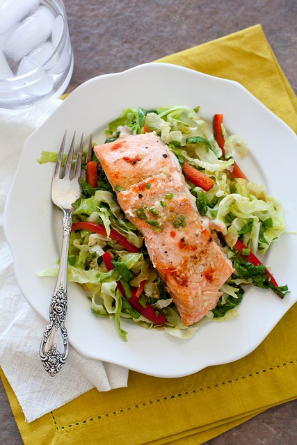 Ginger garlic salmon with cabbage salad