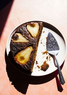 Ginger honey cake w/ pears + whipped sour cream