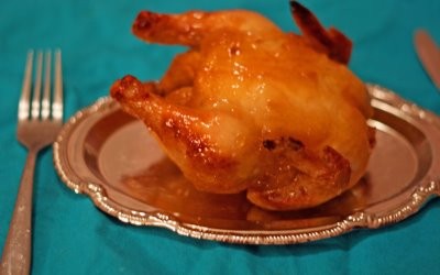 Ginger-lime glazed rock Cornish game hens