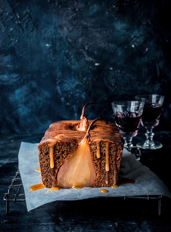 Ginger loaf with Port poached pears