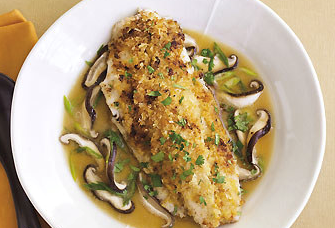 Ginger-miso striped bass in shiitake mushroom broth