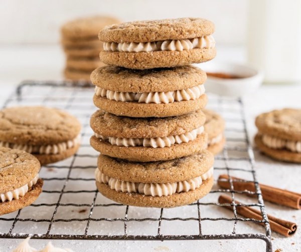 Ginger-molasses sugar cookie sandwiches with spiced cream cheese buttercream
