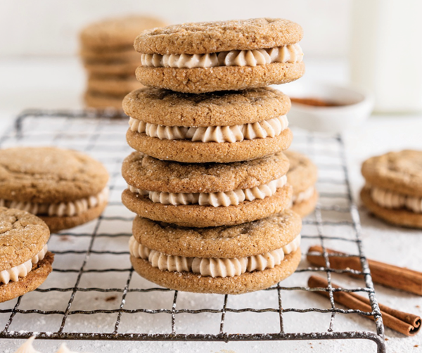 Ginger-molasses sugar cookie sandwiches with spiced cream cheese buttercream