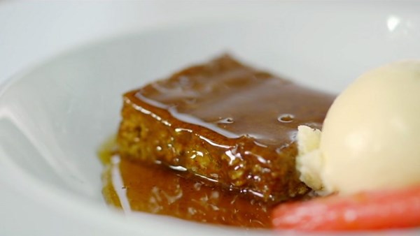 Ginger parkin with rhubarb and spiced syrup