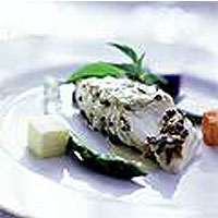 Ginger peppered Alaskan halibut with purple basil beurre blanc