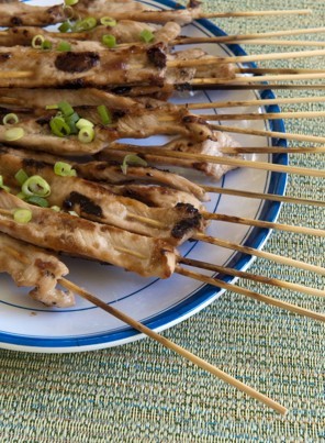 Ginger-plum-glazed pork skewers