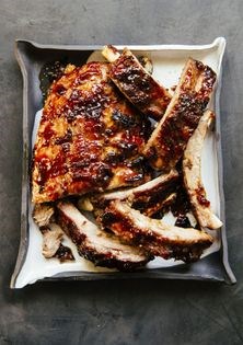 Ginger-plum-glazed ribs w/ rye spaetzle + greens