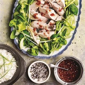 Ginger-poached chicken with lemongrass-scented rice and nam jim