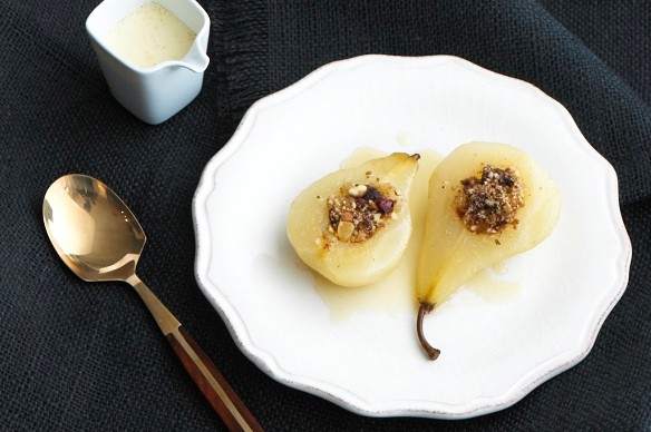 Ginger poached pears with honeyed vanilla custard