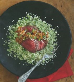 Ginger-poached venison with bone-marrow Parmesan sauce and broccoli cous cous