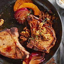 Ginger pork chops with curried walnuts