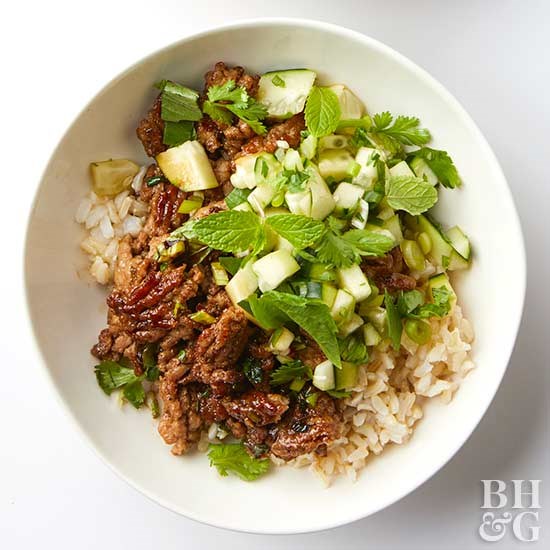 Ginger pork with cucumber and herbs