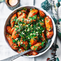 Ginger-roast carrots with orange, almond and parsley crumb