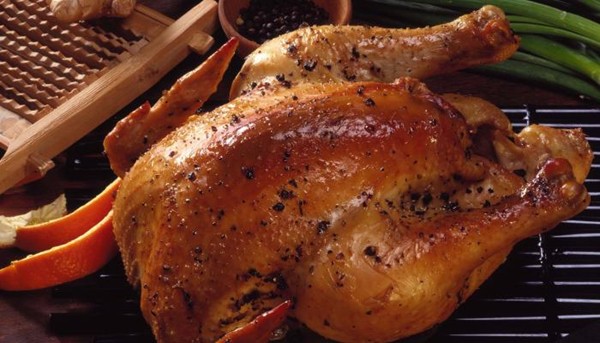 Ginger roast chicken and elbow macaroni with tomatoes and pan sauce