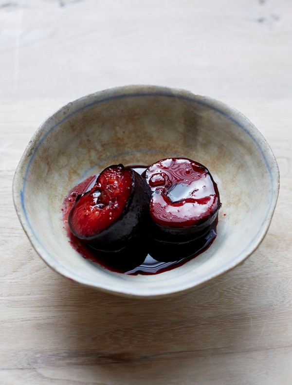 Ginger-roasted plums with lime, rum & muscovado cream