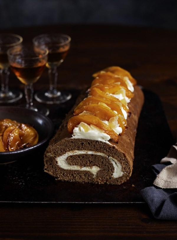 Ginger roulade with tamarind glazed mango and mascarpone