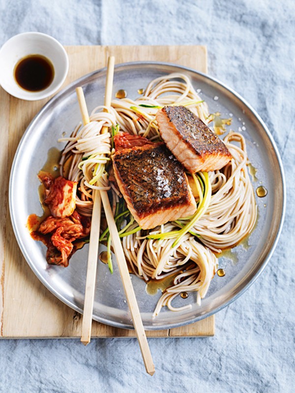 Ginger salmon with zucchini, soba noodles and kimchi
