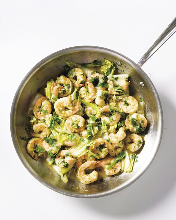 Ginger-scallion skillet shrimp with napa cabbage