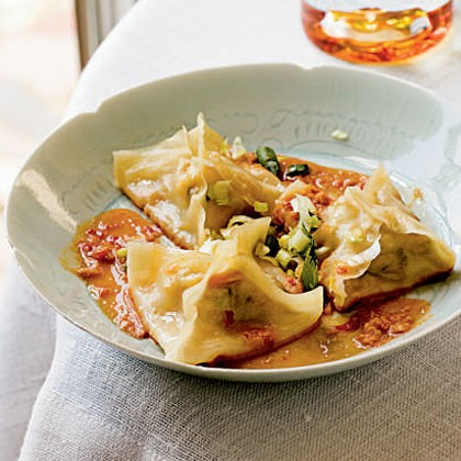 Ginger-shrimp pot stickers with spicy peanut dipping sauce