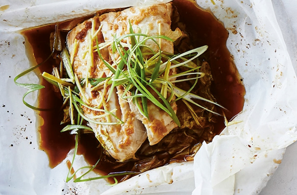 Ginger, soy and spring onion fish in a bag