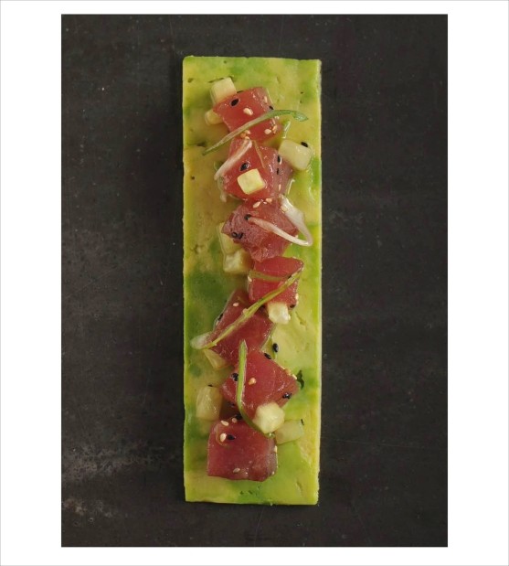 Ginger-soy tuna poke on pressed avocado