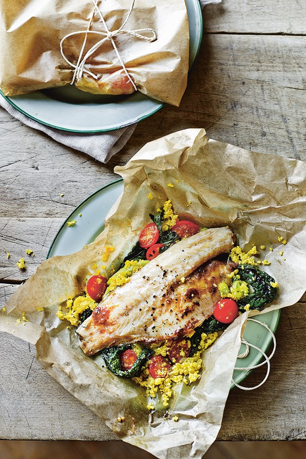 Ginger steamed snapper parcel with cauliflower rice and chard