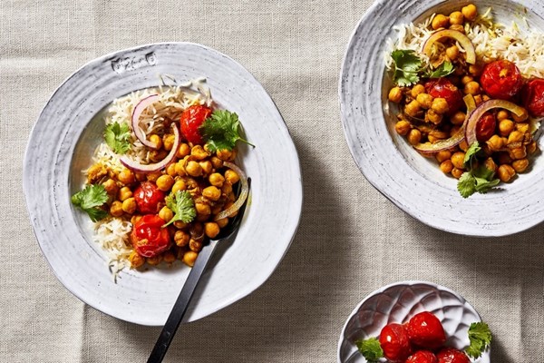 Ginger turmeric chickpeas with roasted cherry tomatoes