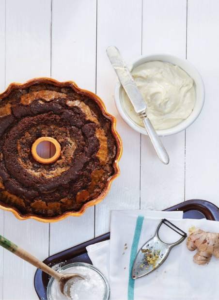 Gingerbread bundt-style cake with orange-cream cheese frosting