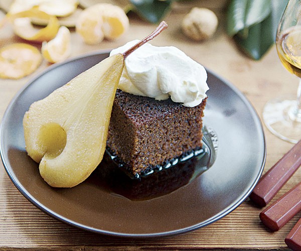 Gingerbread cake with root-beer-poached pears