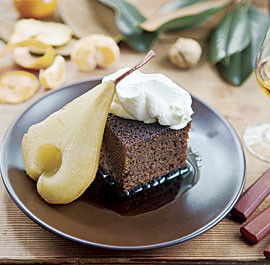 Gingerbread cake with root-beer-poached pears