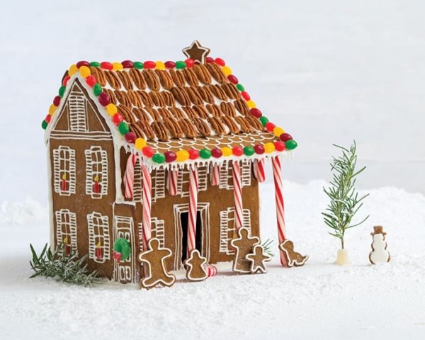 Gingerbread house [royal icing, gumdrop candles, Life Savers wreath]