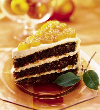 Gingerbread layer cake with candied kumquats