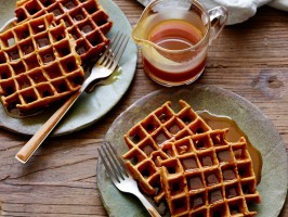 Gingerbread pumpkin waffles with buttermilk-bourbon caramel sauce
