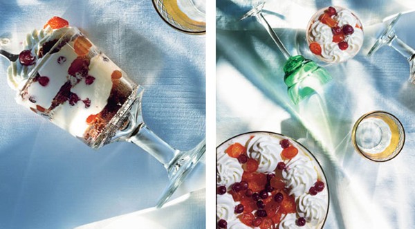 Gingerbread trifle with candied kumquats and wine-poached cranberries