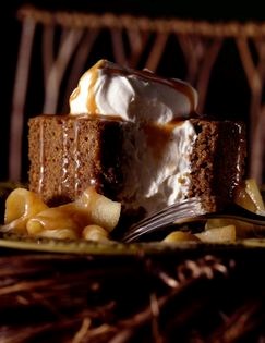 Gingerbread with warm apples and cider sabayon