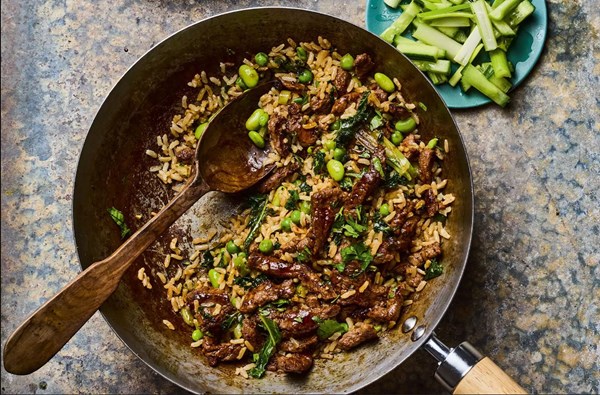 Gingered beef, cucumber pickle & greens with rice