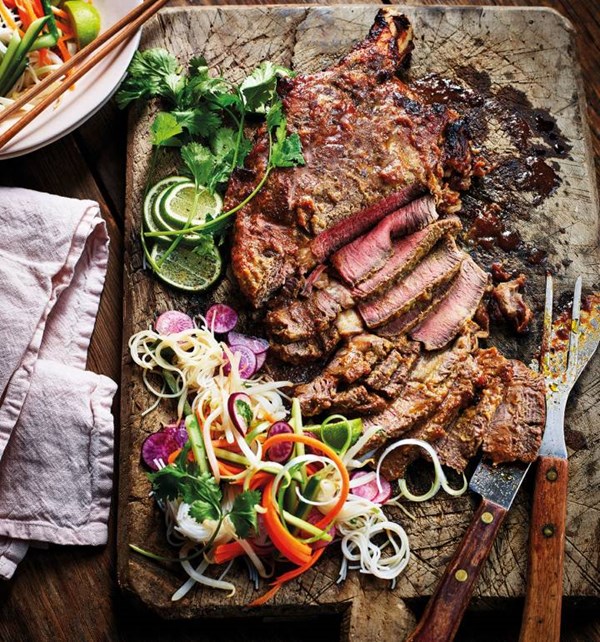 Gingered beef ribeye with fragrant noodle and radish salad