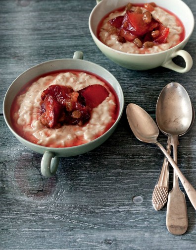 Gingered brown rice pudding with plum conserve